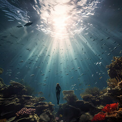 under water  free diving in ocean and coral reef