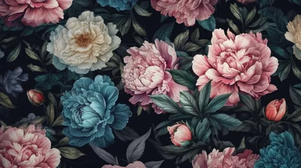 Rolgordijnen Unusual Floral summer seamless pattern. Garden peonies. Blue and pink flowers on a black background. Template for fabrics, textiles, paper, wallpaper, interior decoration. Vintage. © Matthew