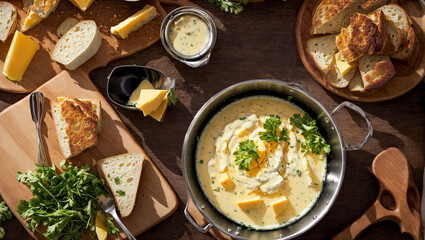 Cheese fondue with herbs, bread in the kitchen