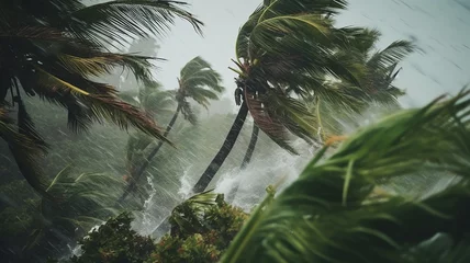 Zelfklevend Fotobehang a strong tropical wind in a storm and a hurricane will tilt the palm trees © Sheviakova