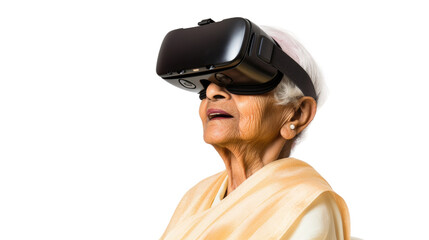 an elderly indian woman using a vr virtual reality headset isolated on a transparent background, generative ai