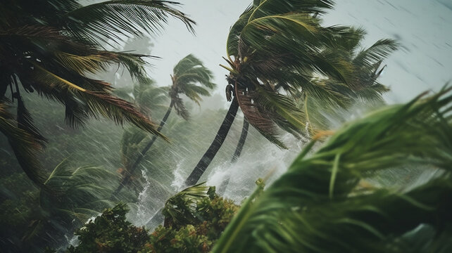 a strong tropical wind in a storm and a hurricane will tilt the palm trees
