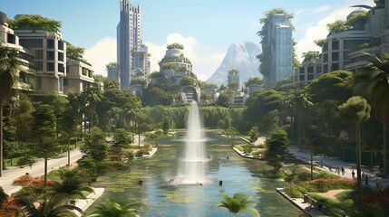 an urban city with lots of trees and plants in the middle part of the image, there is a fountain