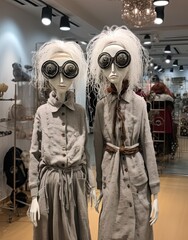 two manne dolls wearing goggles and steam - eye glasses in a store window display with other mannes behind them
