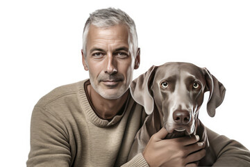 middle age man with his beautiful dog on white background