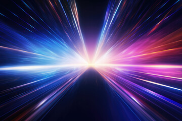 Fototapeta premium Creative cosmic hyper jump into another galaxy. Neon glowing rays in motion. Space travel concept. Generative AI