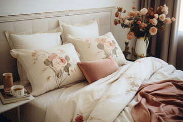 Cozy bedroom with pillows and an upholstered headboard. Bedroom in provence style. Interior details...