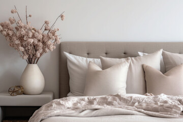 Cozy bedroom setup with pillows and an upholstered headboard. Fall minimalist simple composition. AI generated