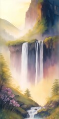 Highland waterfall. Morning landscape. AI generated illustration