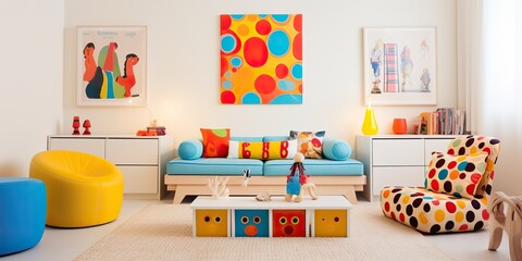 AI Generated. AI Generative. Child living bedroom in bright colors. Comfortable indoor architecture. Graphic Art