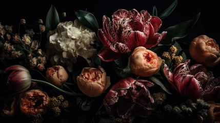 Afwasbaar fotobehang Vintage flowers. Peonies, tulips, lily, hydrangea on black. Floral background. Baroque style floristic illustration. © Matthew