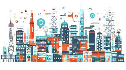 City illustration. Towers and buildings in modern flat style on white background.