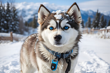 Siberian husky dog in snow with shining blue eyes 