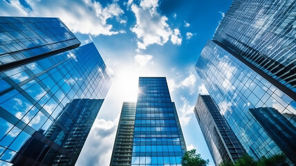 Fototapeta na wymiar glass buildings with cloudy blue sky background generative ai