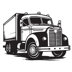 Retro truck with a trailer for cargo transportation. Black and white vector image isolated on white background.