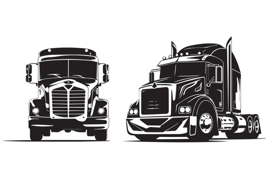 Modern truck with a trailer for cargo transportation. Black and white vector image isolated on white background.