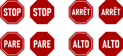 Set of Octagonal Red and White Stop Sign Icon in Various Languages including English, French, Spanish and Portuguese. Vector Image.