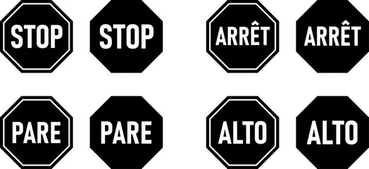 Fototapeta premium Set of Octagonal Black and White Stop Sign Icon in Various Languages including English, French, Spanish and Portuguese. Vector Image.