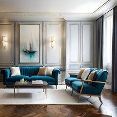 Modern living room with blue sofa and boat illustration on a wall. Created with generative AI
