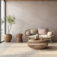 Home interior with rattan furniture, table and decor in living room