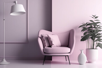 Monochrome pale pink room with chair, floor lamp, vase, and plant. Light background with copyspace. website, presentation background. Generative AI