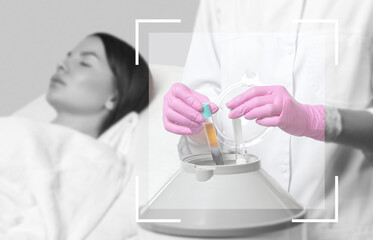 Cosmetologist does prp therapy on the face of a beautiful woman in a beauty salon. There is in...