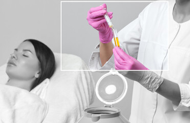 Cosmetologist does prp therapy on the face of a beautiful woman in a beauty salon. There is in...