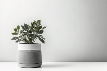 mock-up grey cement flower pot against white wall on grey cabinet. Generative AI