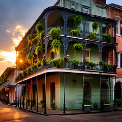 Classic New Orleans French Quarter architecture, where Mardi Gras is celebrated. Generative ai. 