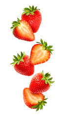 Whole and sliced fresh strawberry fruits in the air. Composition of falling summer berries,...