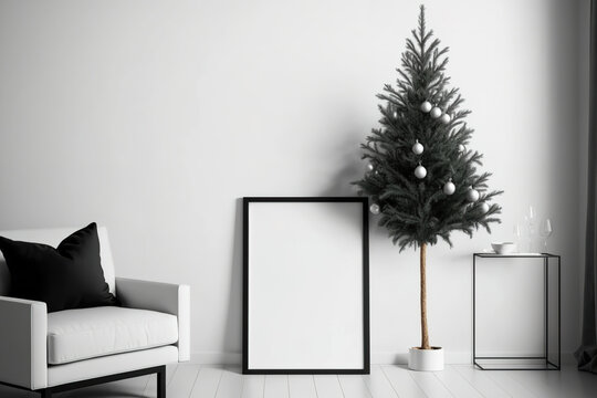 Interior of a contemporary minimalist living room with a mockup frame and a Christmas tree, vertical. Generative AI