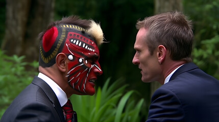 Businessman at the traditional Maori festival celebration. Drawings and tattoos on faces.