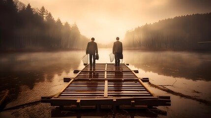 Two businessmen on a fishing trip discussing business - obrazy, fototapety, plakaty
