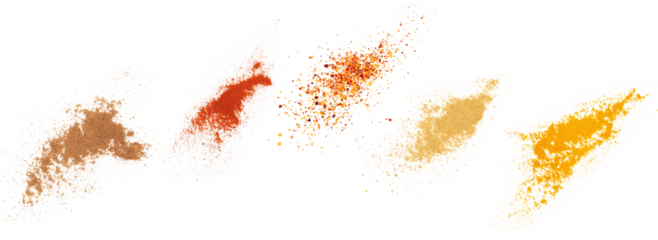 Set spices pile, nutmeg, red paprika powder, hot spicy mixture, ginger, turmeric, isolated on white, top view, clipping path