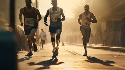 Man wearing a prosthetic blade on one leg running alone outside on a competition