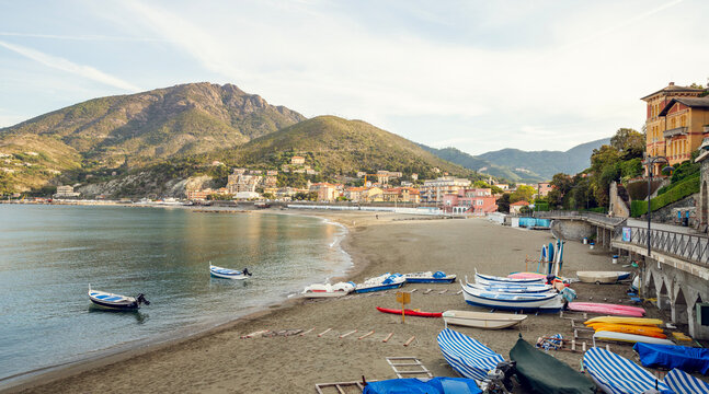 Panorama of beach in Levanto town, Italy