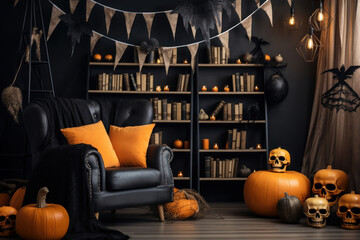 Interior of dark room decorated for Halloween with pumpkins, garlands