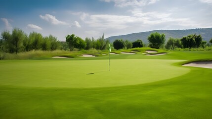 Golf course with beautiful sky. Scenic panoramic view of golf fairway.