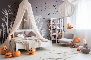 Home decor in light bedroom for Halloween party