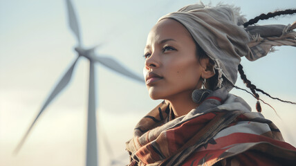 Black Woman standing in front of wind turbine, business woman, CSR, company social responsability, ecology, future, energy, reneweable energies, clean electricity, global warming, climate change