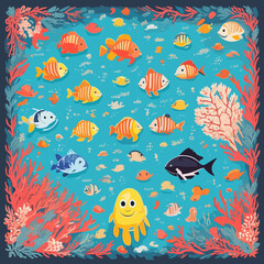 A delightful cartoon illustration featuring cute sea animals in a vibrant underwater world with colorful coral reefs and playful expressions.