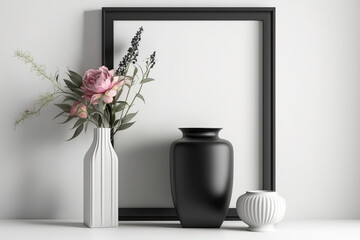 Home decor mockup of a black square frame and vase. a white wall and a wooden bookcase. Copy space. Generative AI