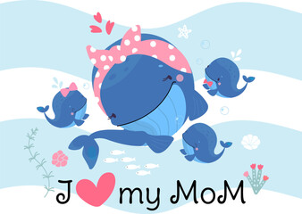 Mother day poster with cute whale mom and funny little babies whales. Childish love, decorative underwater cartoon characters nowaday vector print
