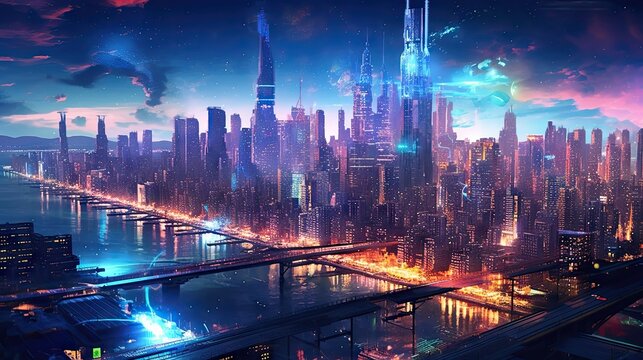 a futuristic city with skyscrapers in the fore and neon lights shining down from the buildings, all around it