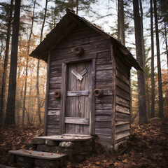 Vintage old fashioned outhouse located in the forest. A classic representation of a wooden outhouse. Generative ai. 