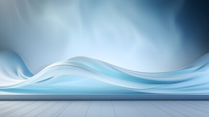 A beautiful abstract modern light blue backdrop for a product presentation with a smooth floor and trailing smoke, AI generated.