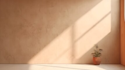 Minimal abstract background for product presentation, Shadow and light from windows on plaster wall, AI generated.