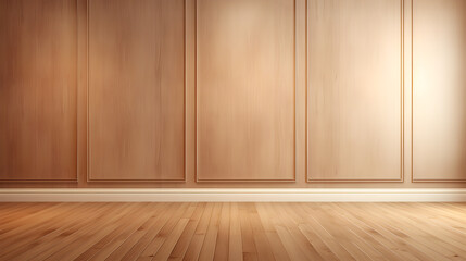 Light brown empty wall with decorative paneling and wood flooring with interesting light reflections. Background for the presentation, AI generated.