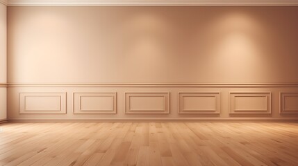 Light brown empty wall with decorative paneling and wood flooring with interesting light reflections. Background for the presentation, AI generated.