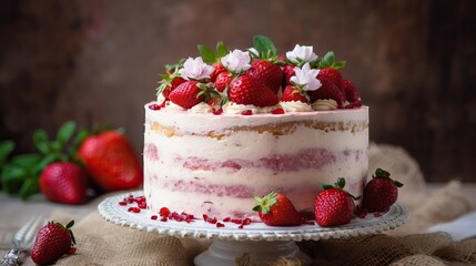 Beautiful decorated strawberry layer cake in a rustic background
